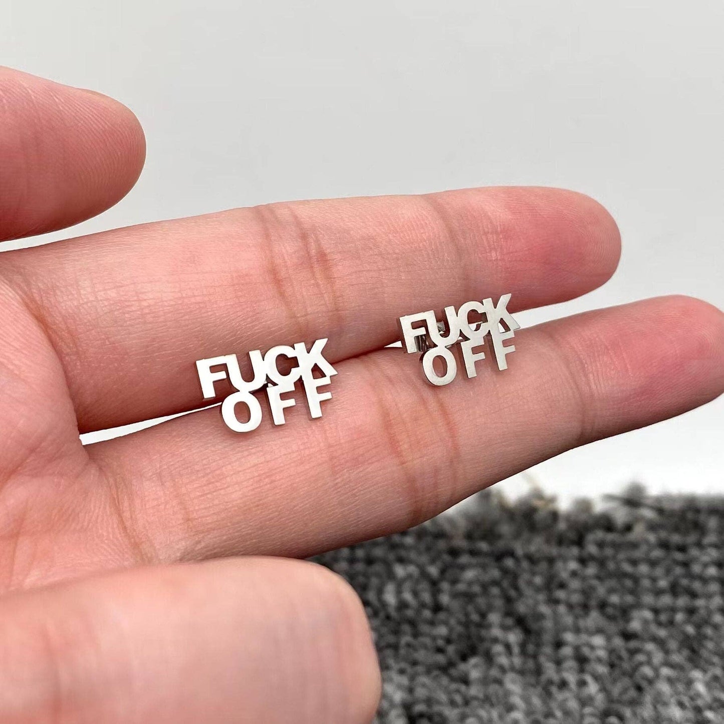 'FUCK OFF' Stainless Steel Ear Studs: Golden