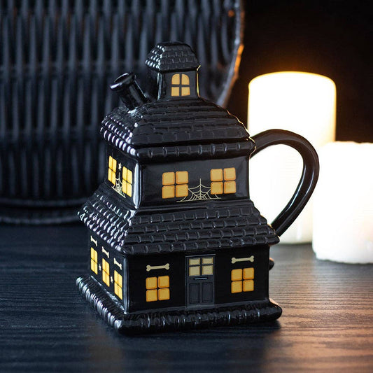 Black Haunted House Lidded Halloween Mug