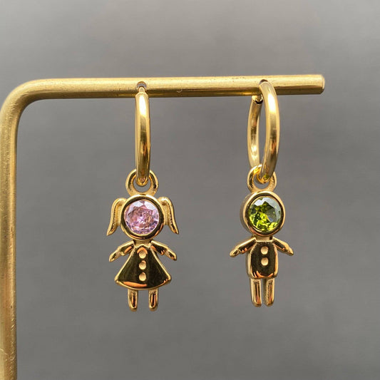 Zircon Inlaid Boy and Girl 18K Golden SS Huggie Earrings - FGS