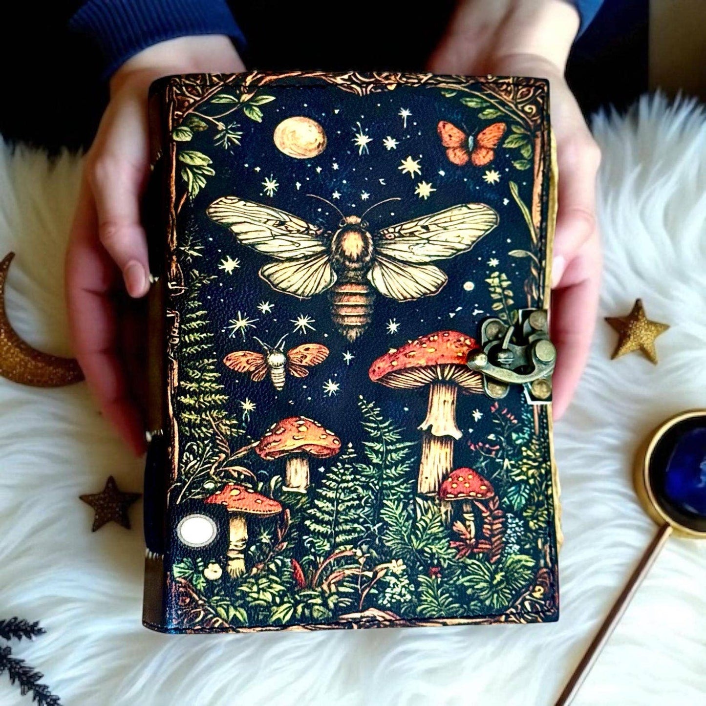 Leather Journal Blank Vintage Notebook with Mushroom Print