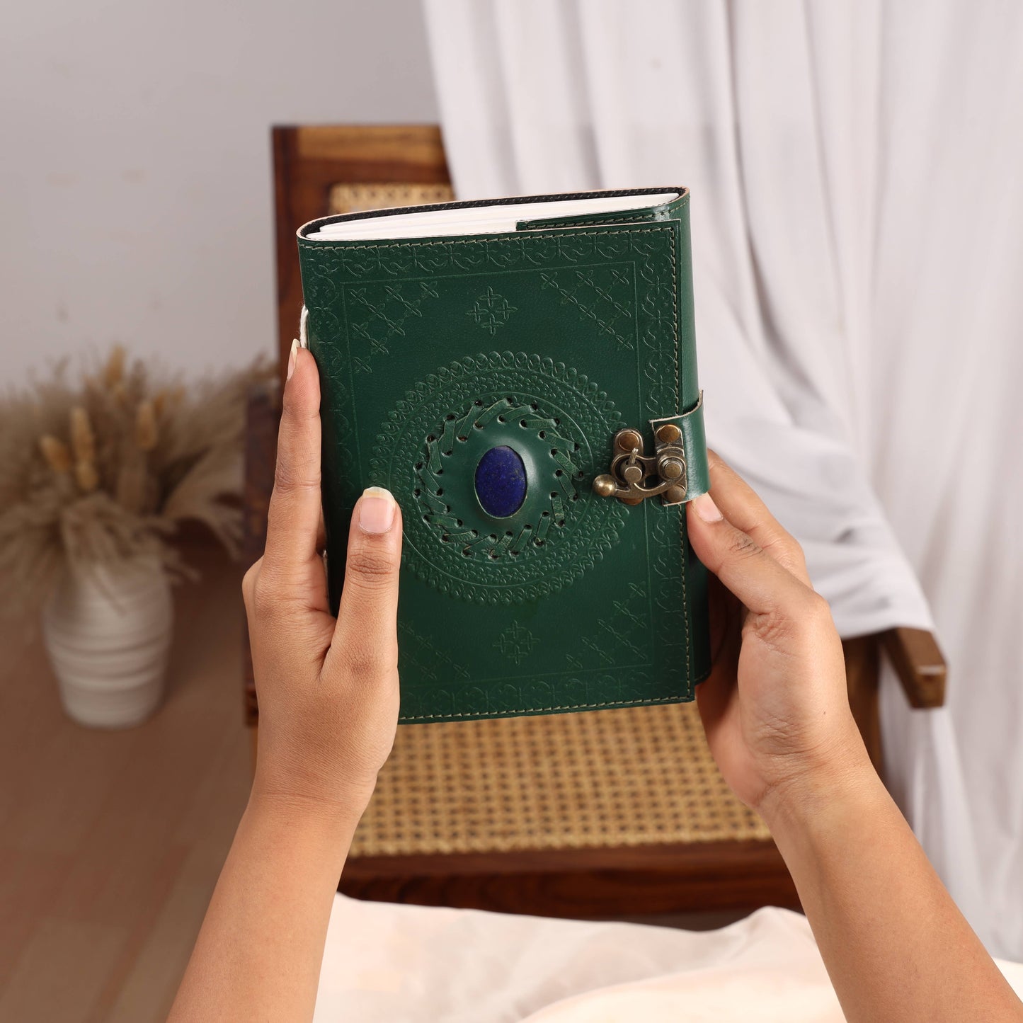 Leather Journal with Stone Mandala Embossed Travel Notebook