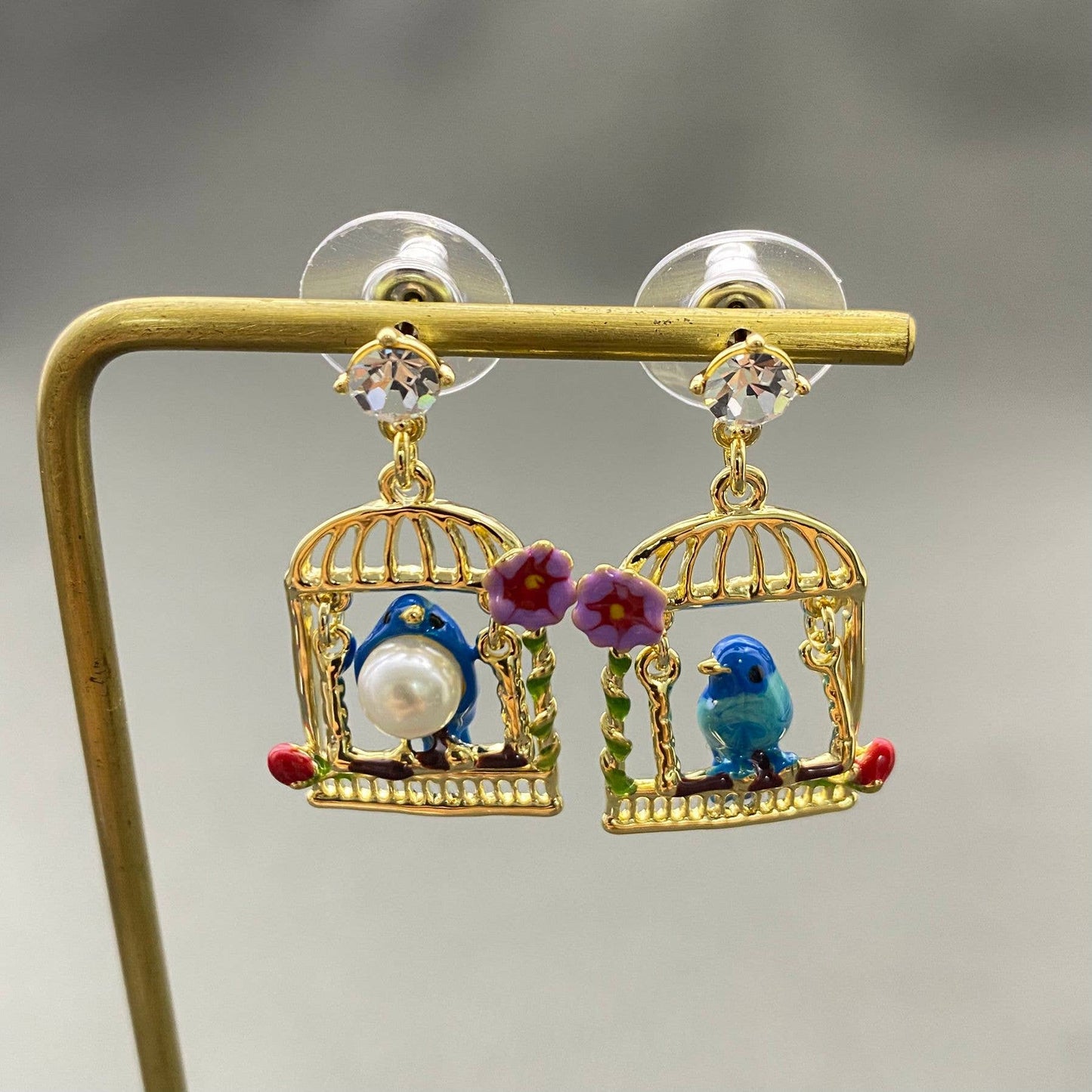Rhinestone & Pearl Inlaid Enamel Bird In Cage Dangle Earrings
