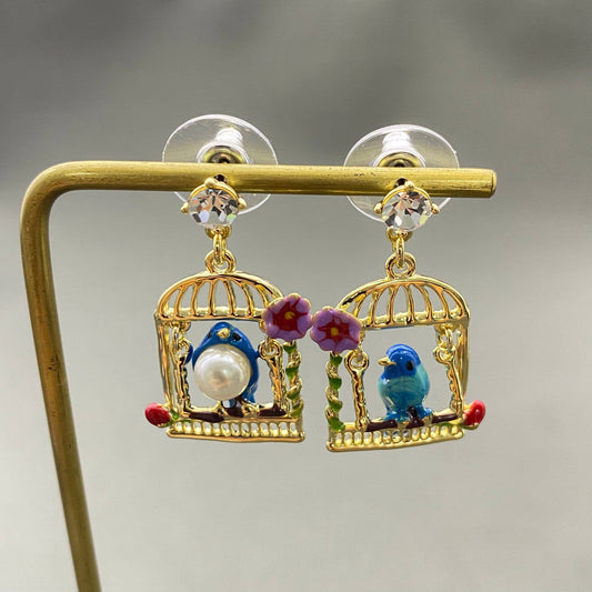Rhinestone & Pearl Inlaid Enamel Bird In Cage Dangle Earrings