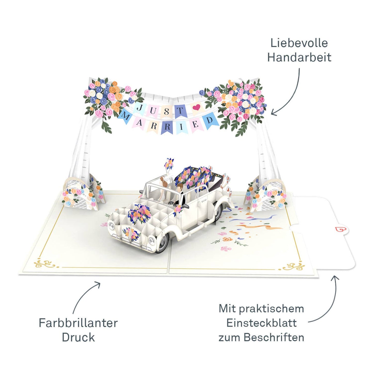 Wedding car with "Just Married" garland pop-up card
