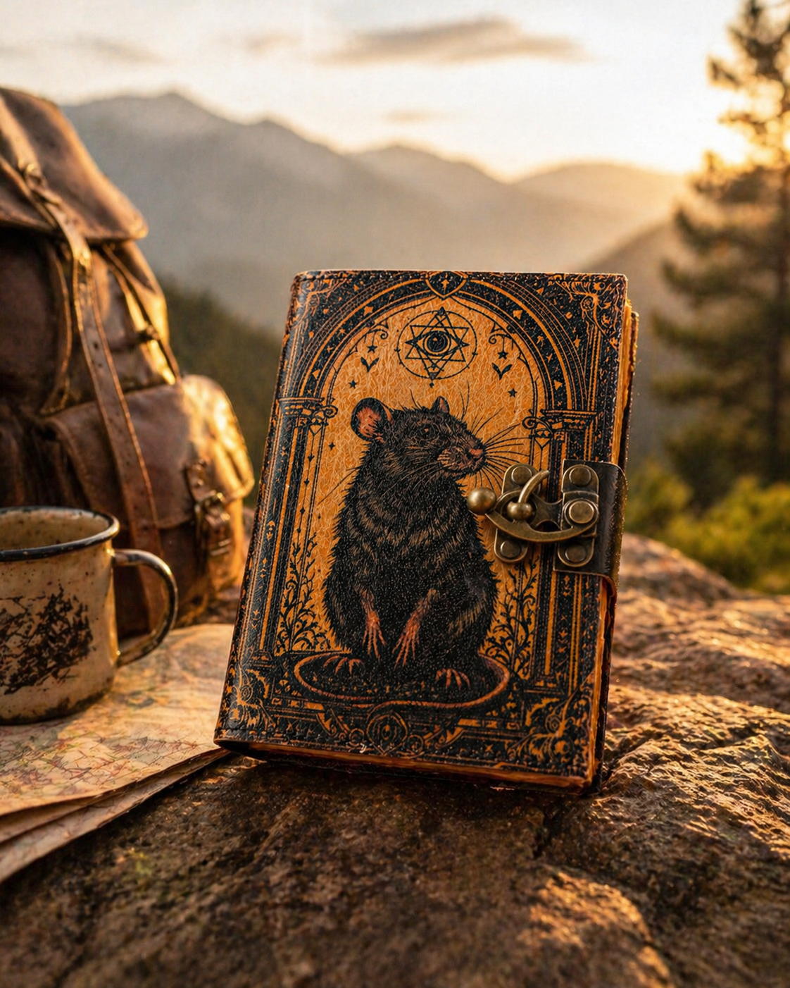 Black Rat Grimoire Leather Journal with Brass Lock