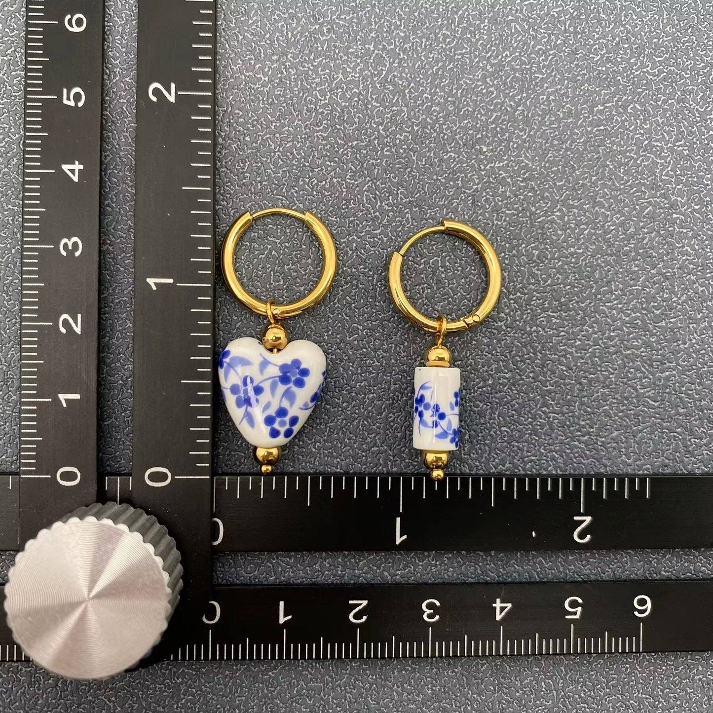 Blue and White Porcelain 18K Golden SS Huugie Earrings - FGS: A