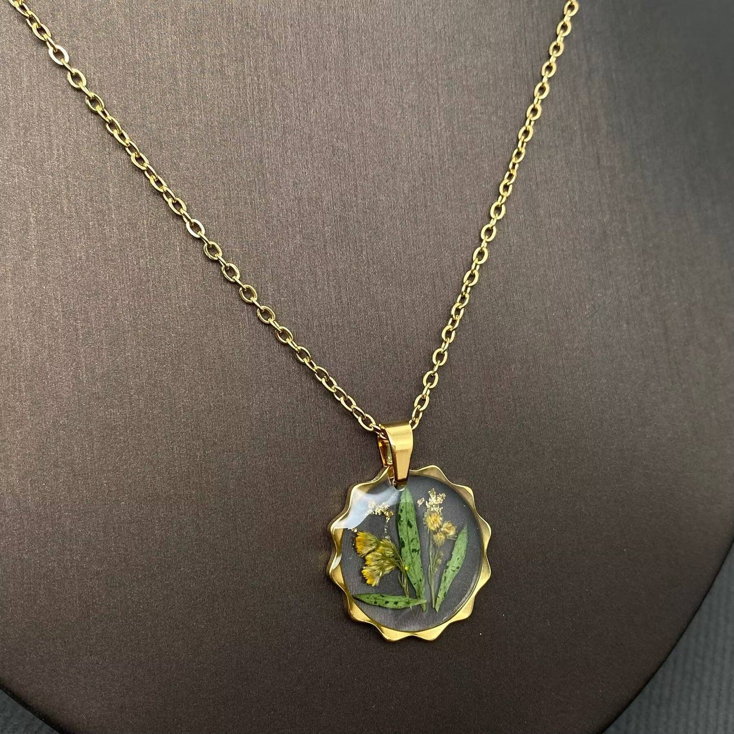 Dried Flowers Geometric Charm 18K Golden SS Necklace - PDF: A
