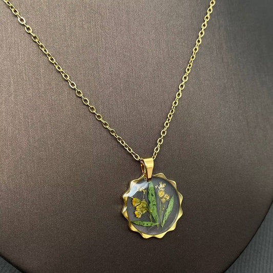 Dried Flowers Geometric Charm 18K Golden SS Necklace - PDF: E
