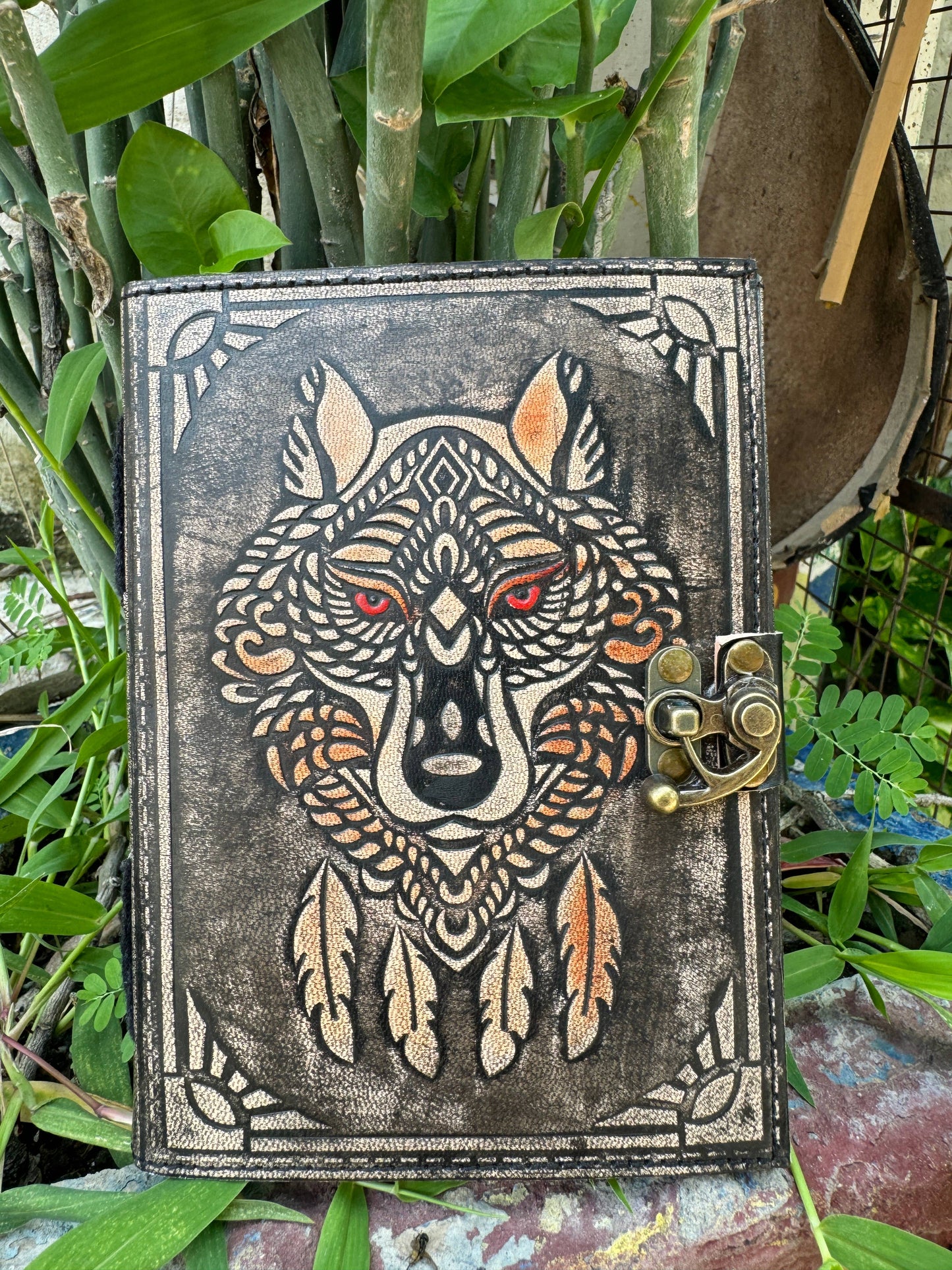 Wolf Embossed Leather Journal diary with 200 Deckle pages
