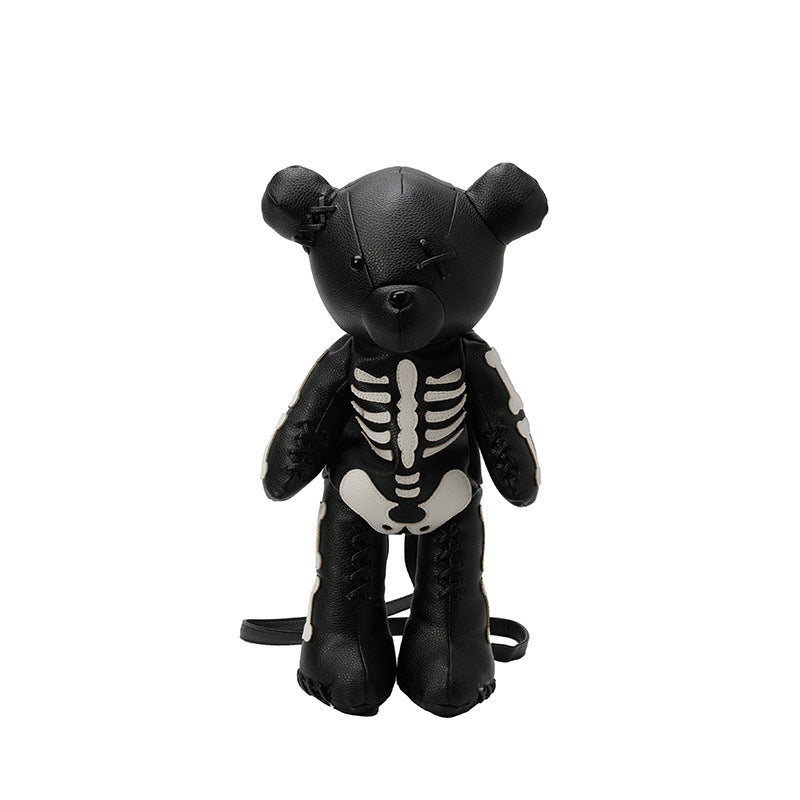 Novelty Bear Shaped Backpack PU Leather Skeleton Bone Print Gothic Punk Dark Cool Fashion Bag For Women Girls