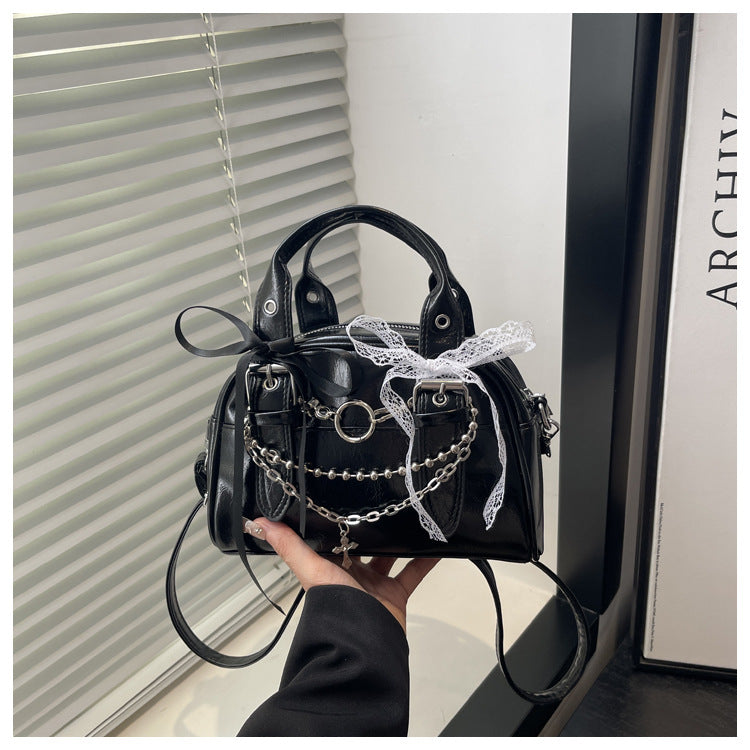 Y2K Gothic Leopard Print Shoulder Bag For Women Sweet Cool Patent PU Leather Handbag With Cross Chain Lace Bow Decor