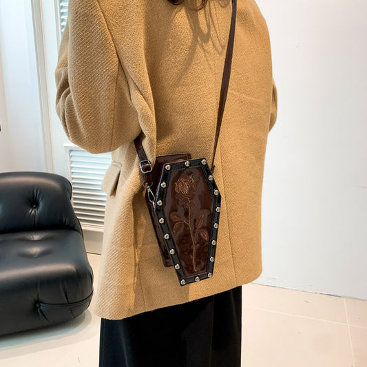 Gothic Coffin Shaped Crossbody Bag For Women Rose Embroidery Spiderweb Pattern Rivet Punk Style PU Leather Shoulder Bag