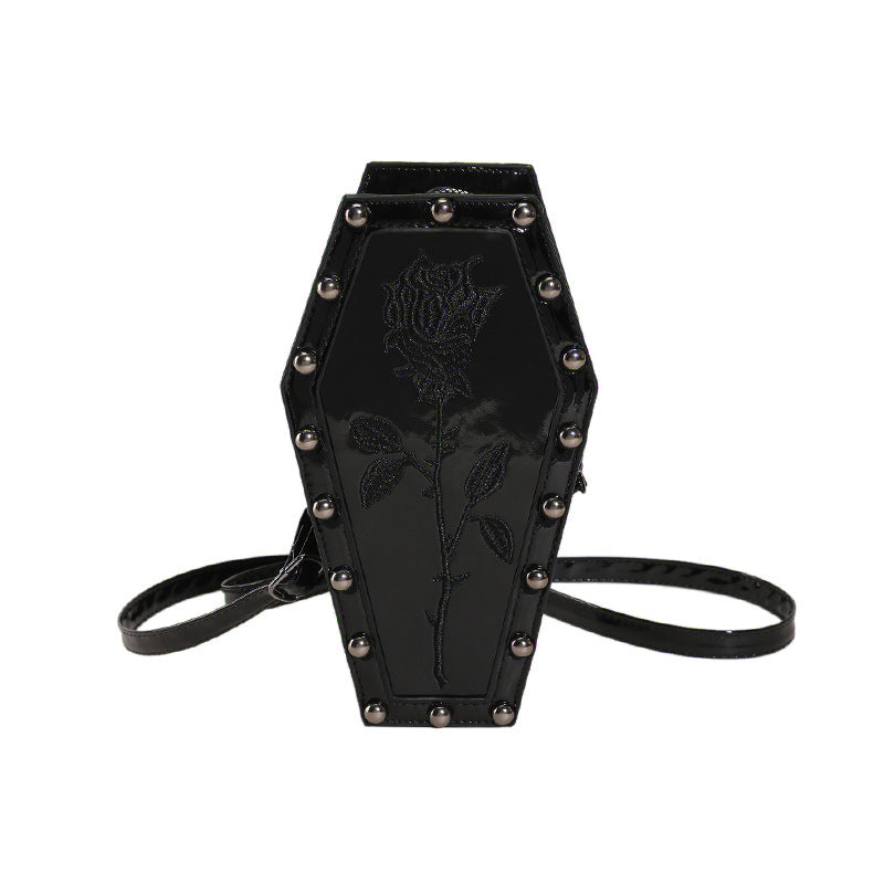 Gothic Coffin Shaped Crossbody Bag For Women Rose Embroidery Spiderweb Pattern Rivet Punk Style PU Leather Shoulder Bag