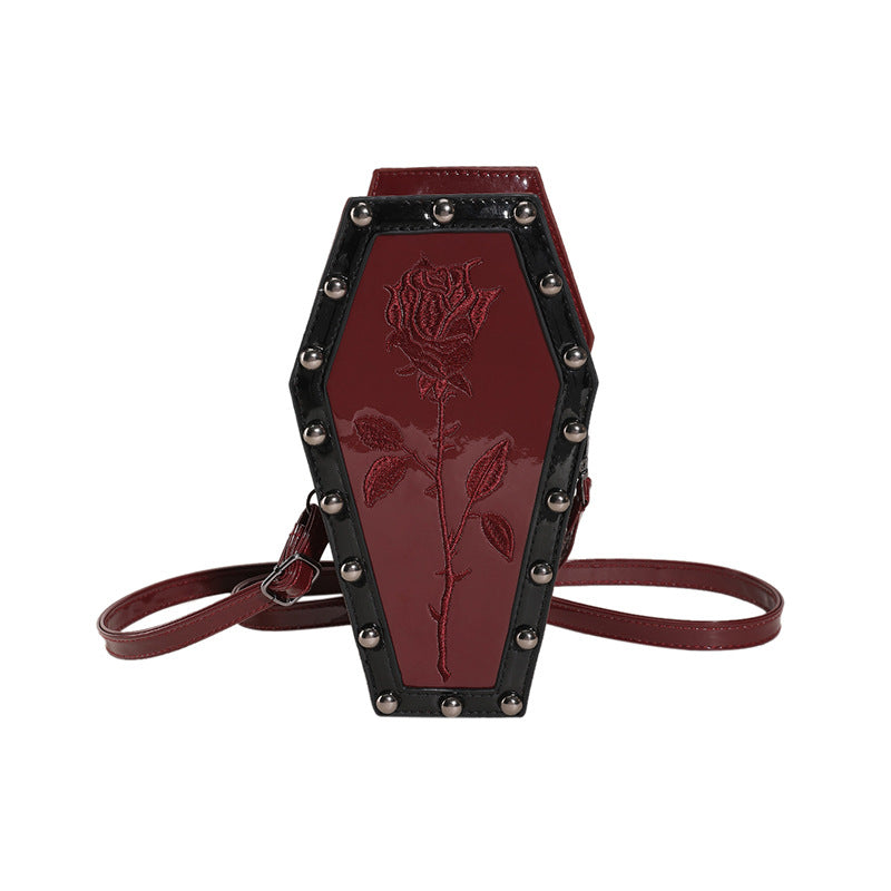 Gothic Coffin Shaped Crossbody Bag For Women Rose Embroidery Spiderweb Pattern Rivet Punk Style PU Leather Shoulder Bag