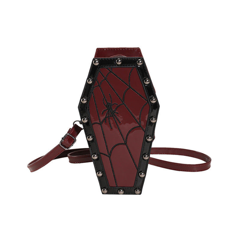 Gothic Coffin Shaped Crossbody Bag For Women Rose Embroidery Spiderweb Pattern Rivet Punk Style PU Leather Shoulder Bag
