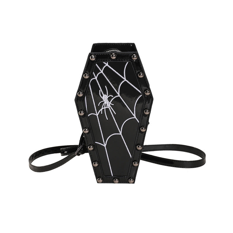 Gothic Coffin Shaped Crossbody Bag For Women Rose Embroidery Spiderweb Pattern Rivet Punk Style PU Leather Shoulder Bag