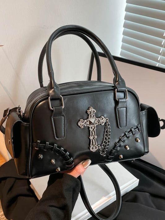 Vintage Gothic Punk Cross Chain Boston Bag Women PU Leather Shoulder Bag Retro Streetwear Underarm Handbag Rivet Satchel