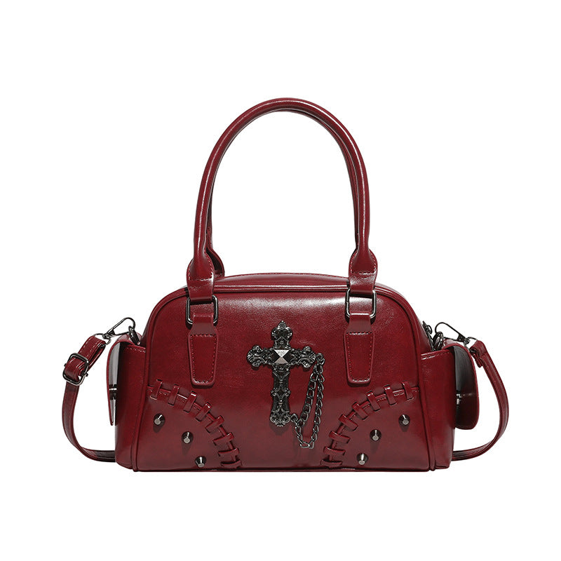 Vintage Gothic Punk Cross Chain Boston Bag Women PU Leather Shoulder Bag Retro Streetwear Underarm Handbag Rivet Satchel