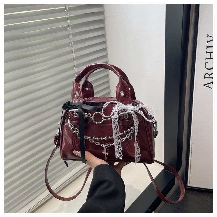 Y2K Gothic Leopard Print Shoulder Bag For Women Sweet Cool Patent PU Leather Handbag With Cross Chain Lace Bow Decor