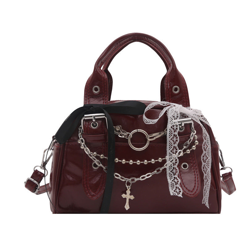 Y2K Gothic Leopard Print Shoulder Bag For Women Sweet Cool Patent PU Leather Handbag With Cross Chain Lace Bow Decor