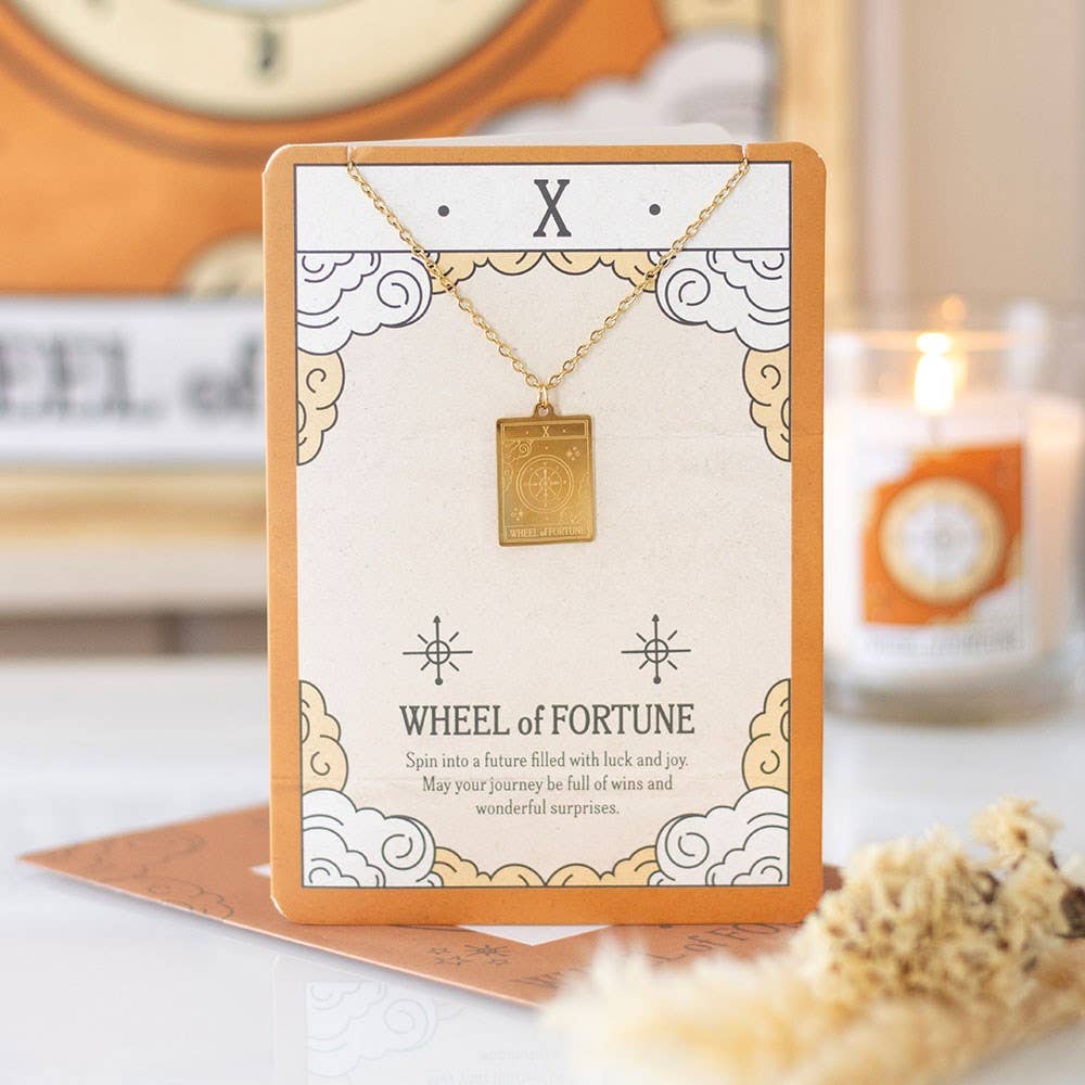 The Wheel of Fortune Vintage Tarot Card Necklace on Greeting Card