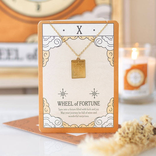 The Wheel of Fortune Vintage Tarot Card Necklace on Greeting Card