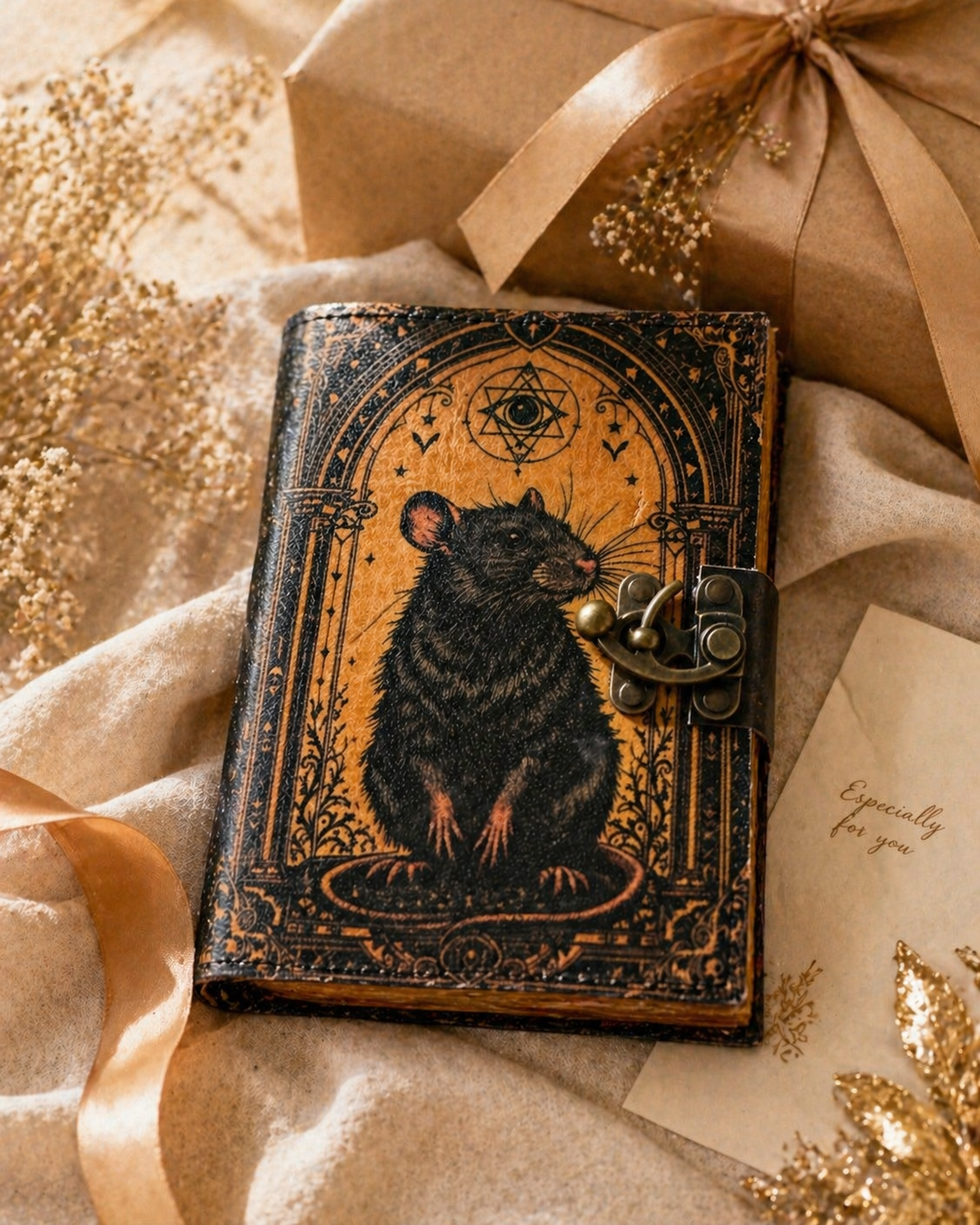 Black Rat Grimoire Leather Journal with Brass Lock