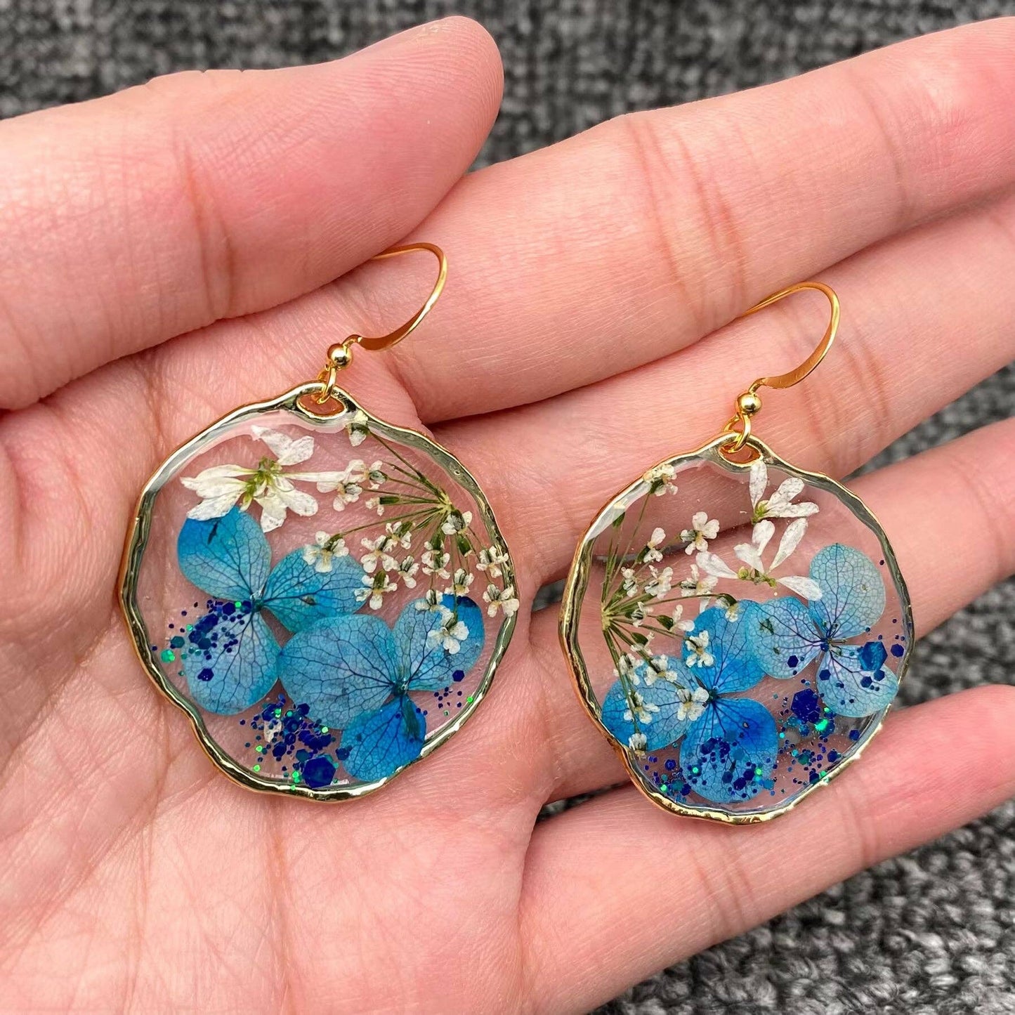 Blue Hydrangea White Queen Anne's Lace Dangle Earrings - PDF