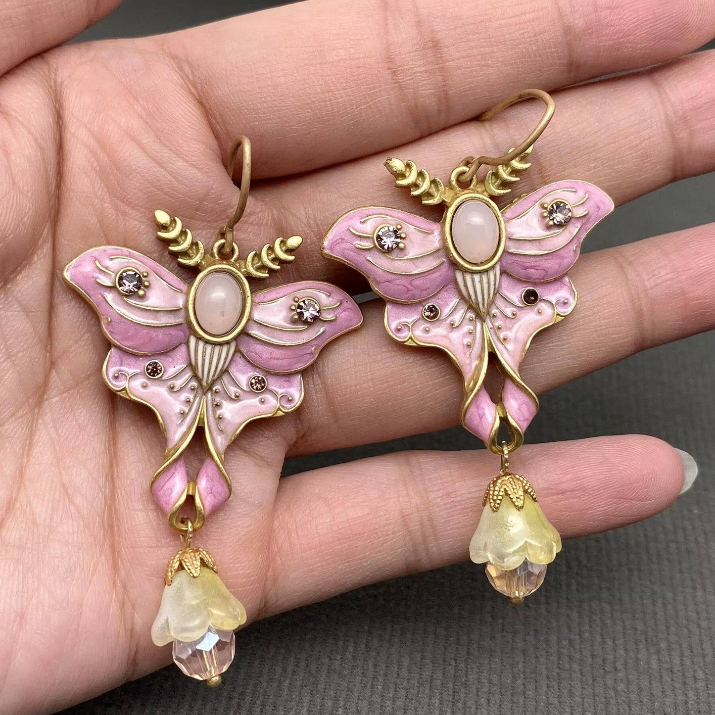 Vintage Pink Enamel Butterfly Dangle Earrings