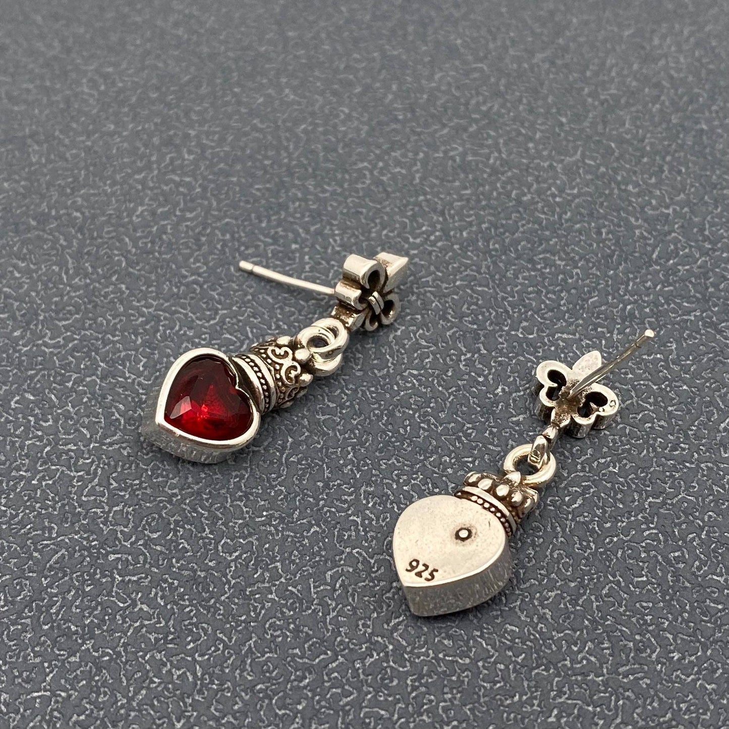 Gothic Style Red Heart Zircon Silver Plated Post Earrings-GT
