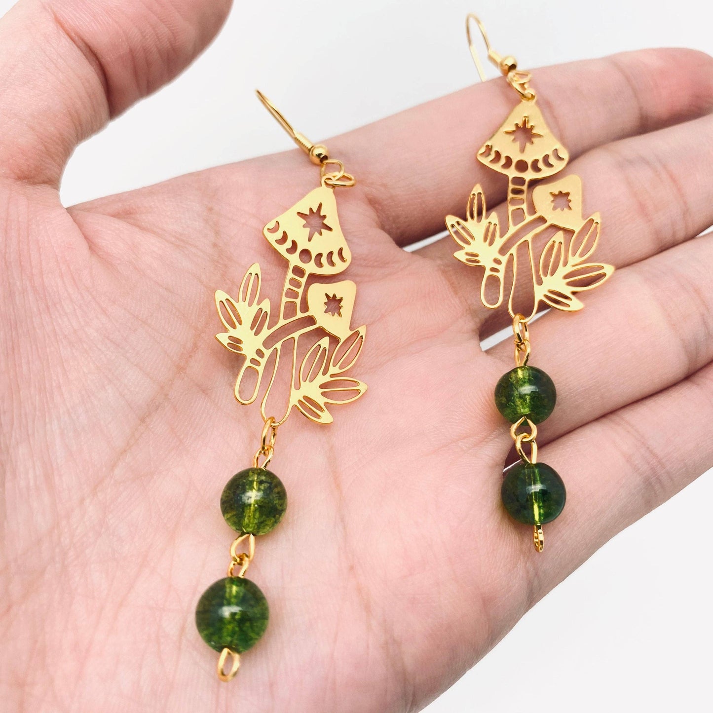 Bohemian Green Phantom Crystal Mushroom Pendant Earrings