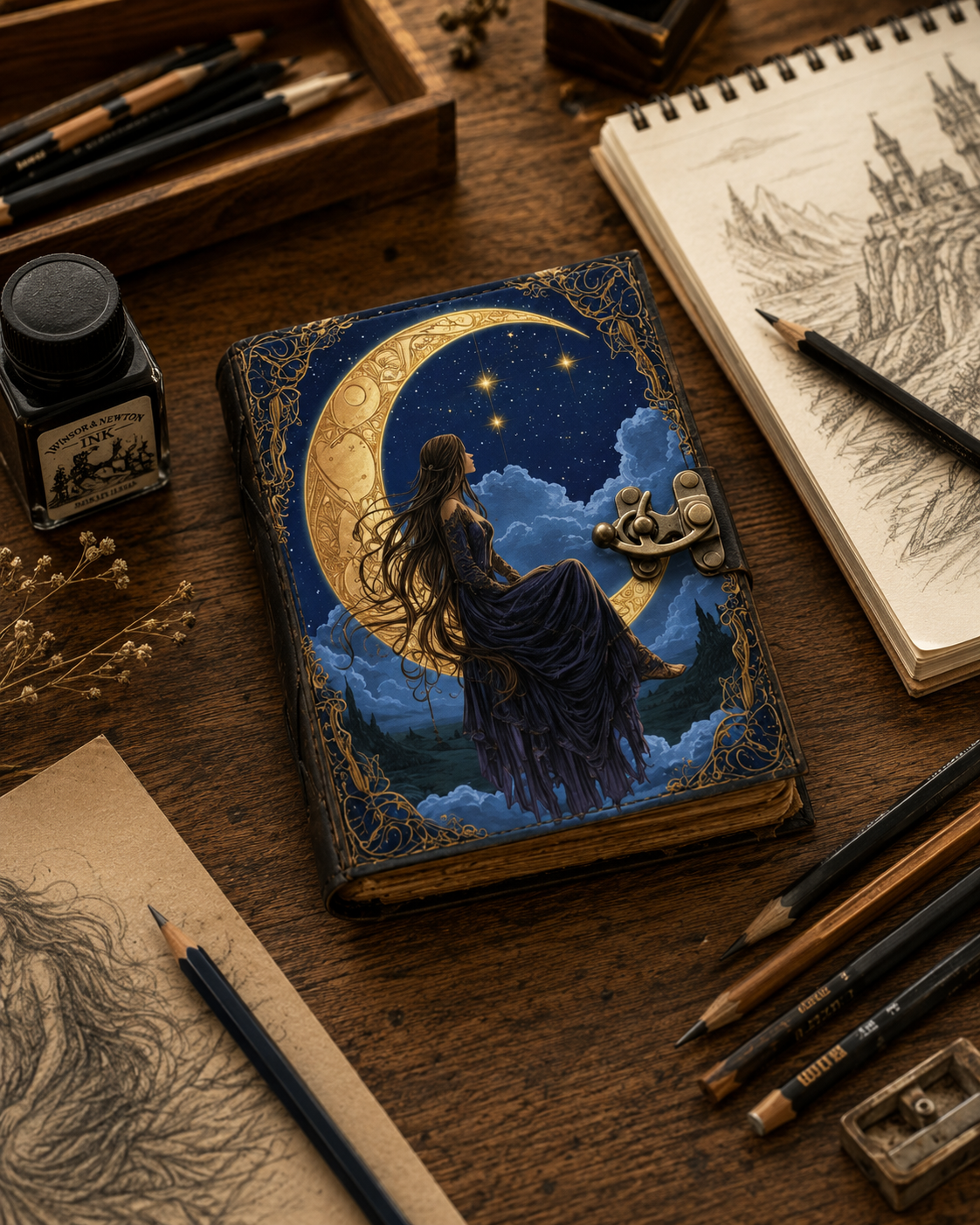 Moon Goddess Leather Journal with Lock – Celestial Deckle