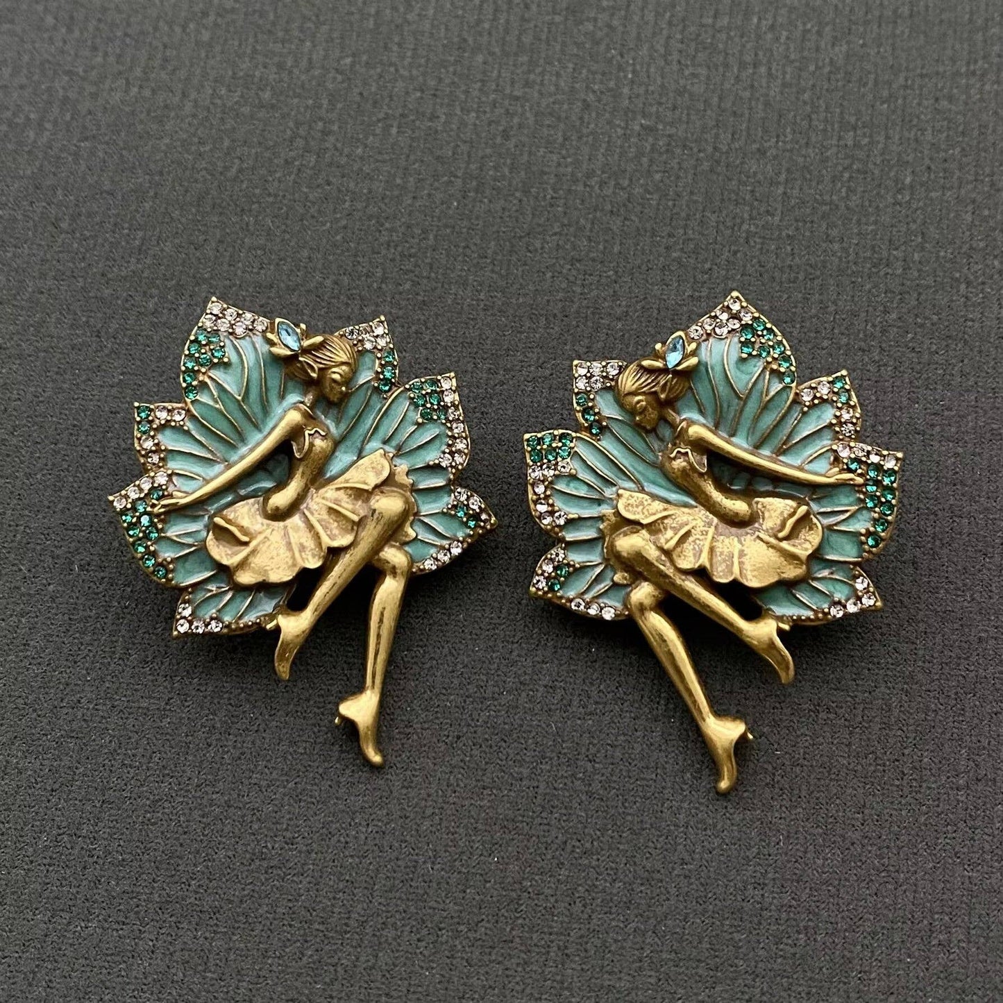 Vintage Rhinestone Enamel Fairies Stud Earrings