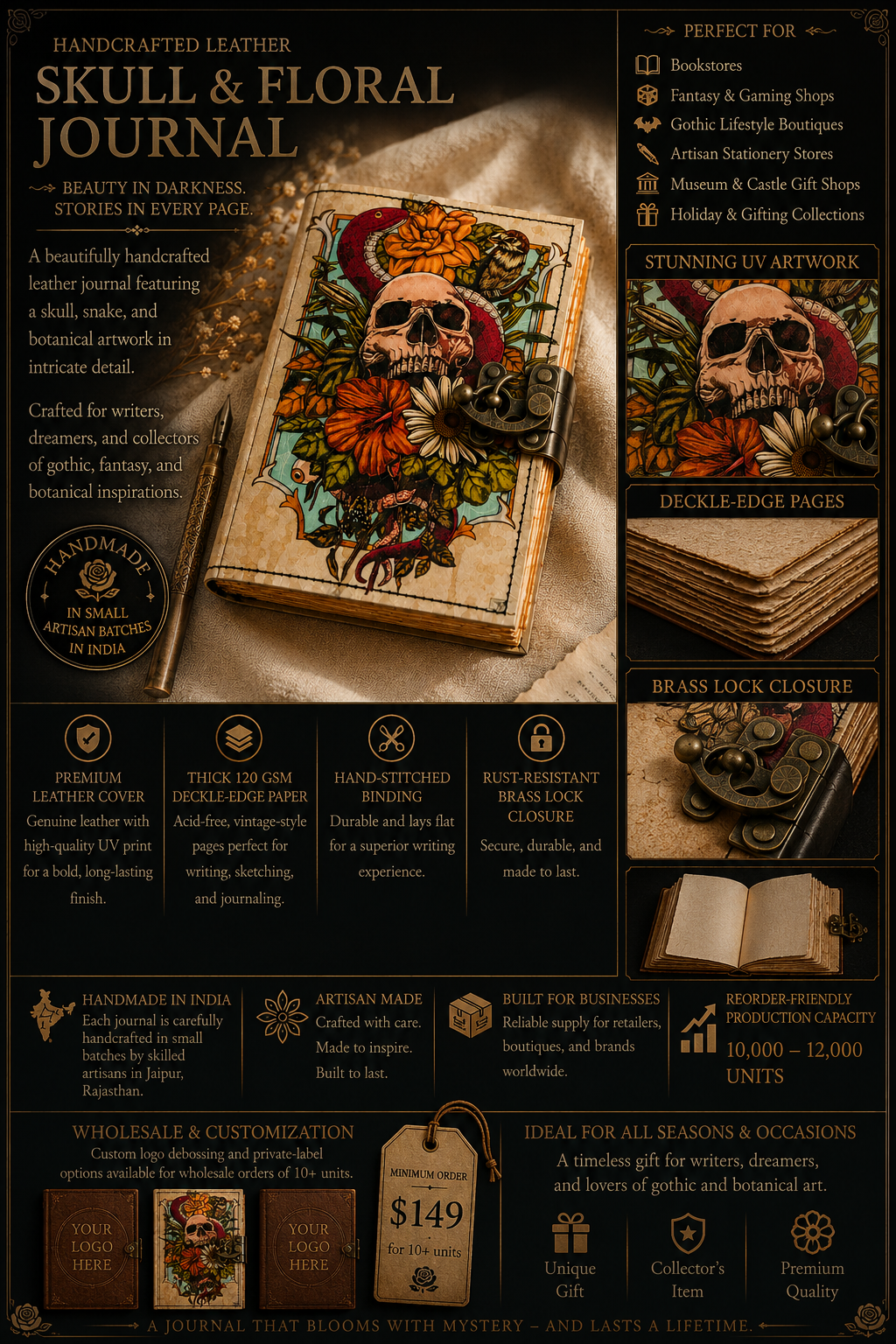 Skull Floral Rustic Leather Journal Spell Book for Gift Shop