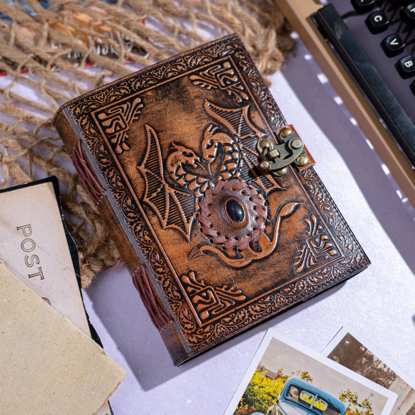 Leather Notebook with Stone Dragon Embossed Travel Journal 