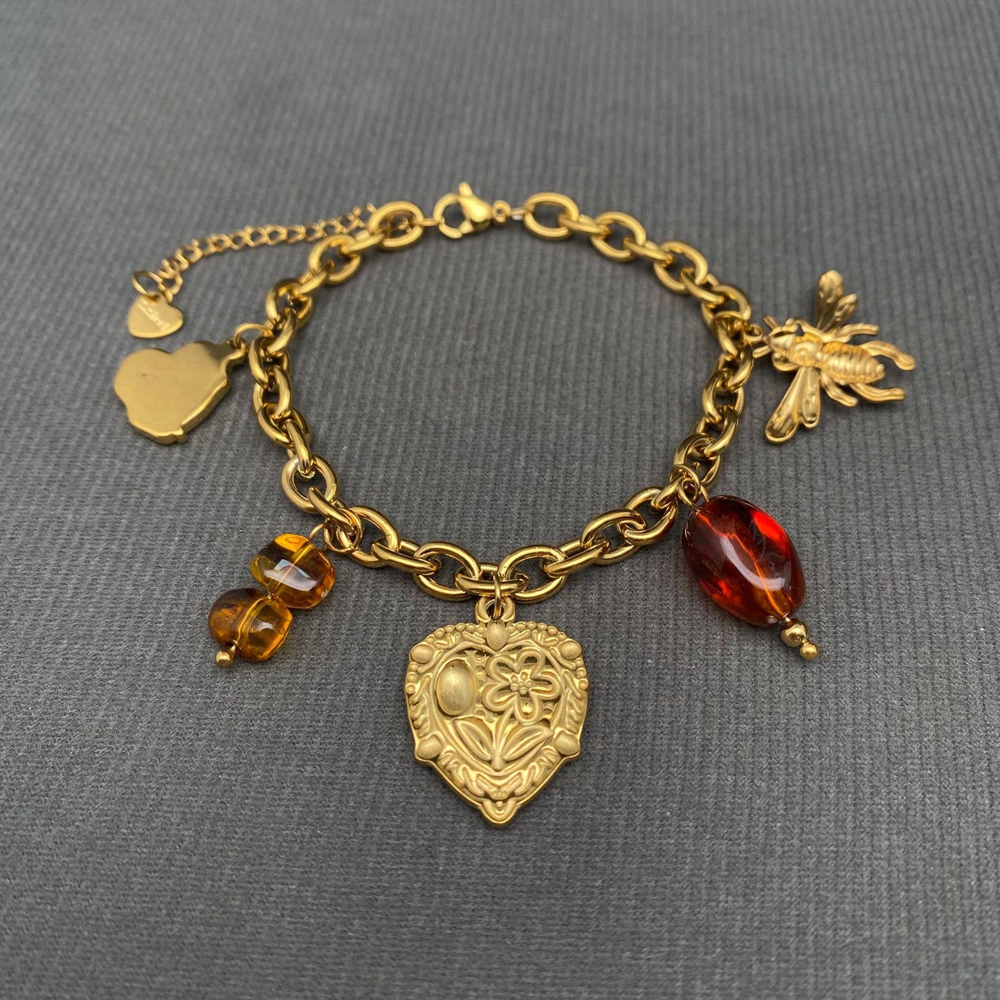 Flower Heart & Bee 18K Gold Plated SS Charm Bracelet