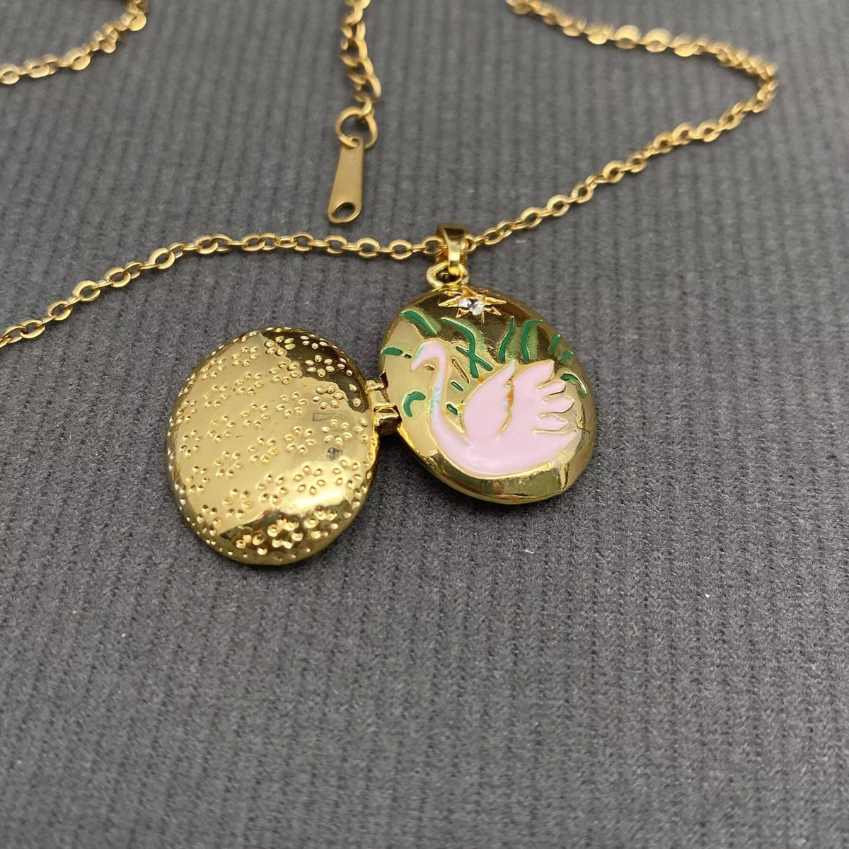 Enamel Swan Locket Charm 18K Gold Plated Necklace