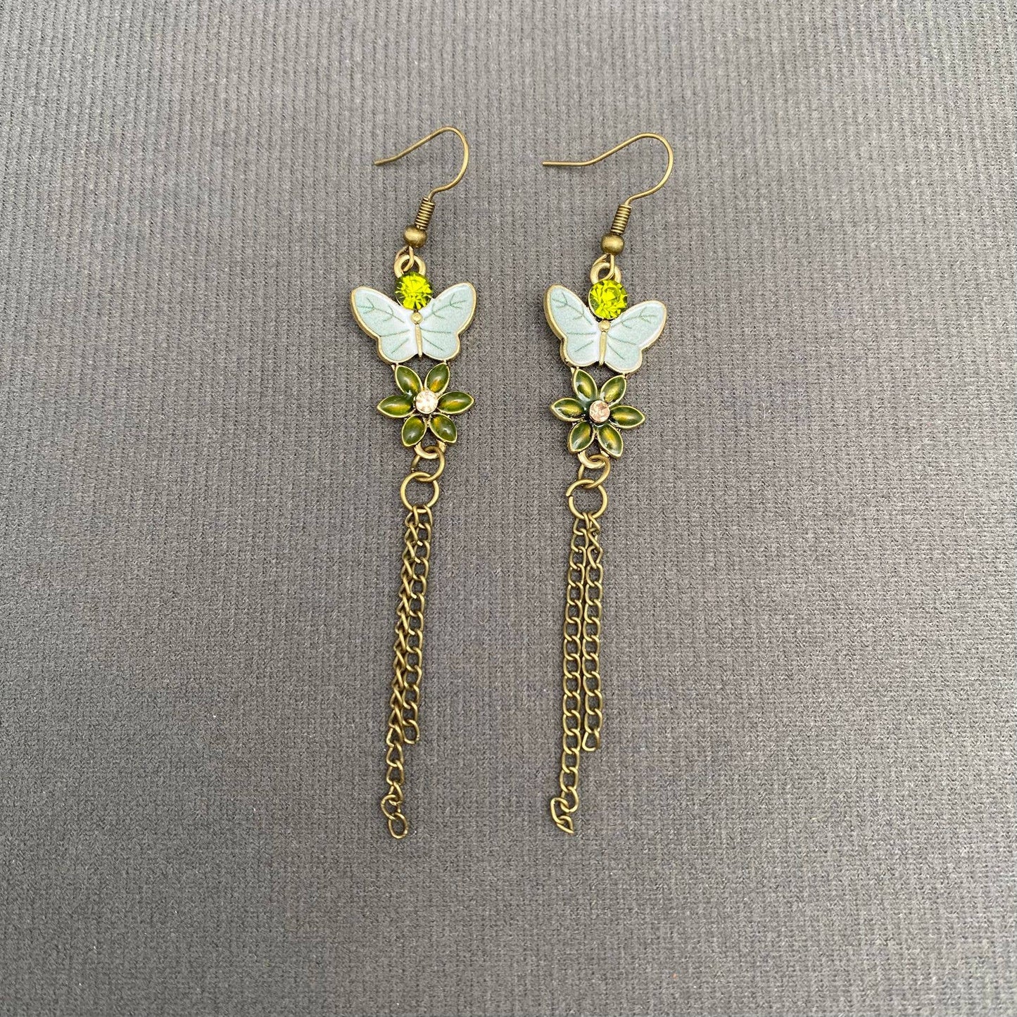 Green Enamel Flower Butterfly Dangle Earrings
