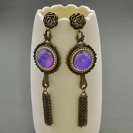 Vintage Chain Fringe Purple Glazed Mirror Dangle Earrings