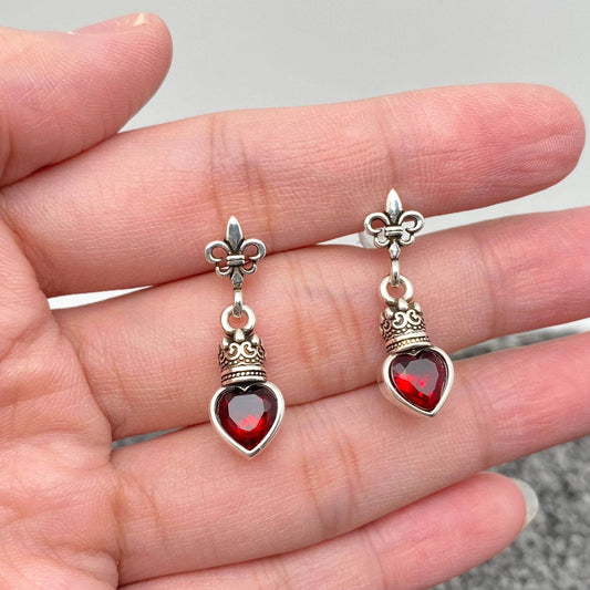 Gothic Style Red Heart Zircon Silver Plated Post Earrings-GT