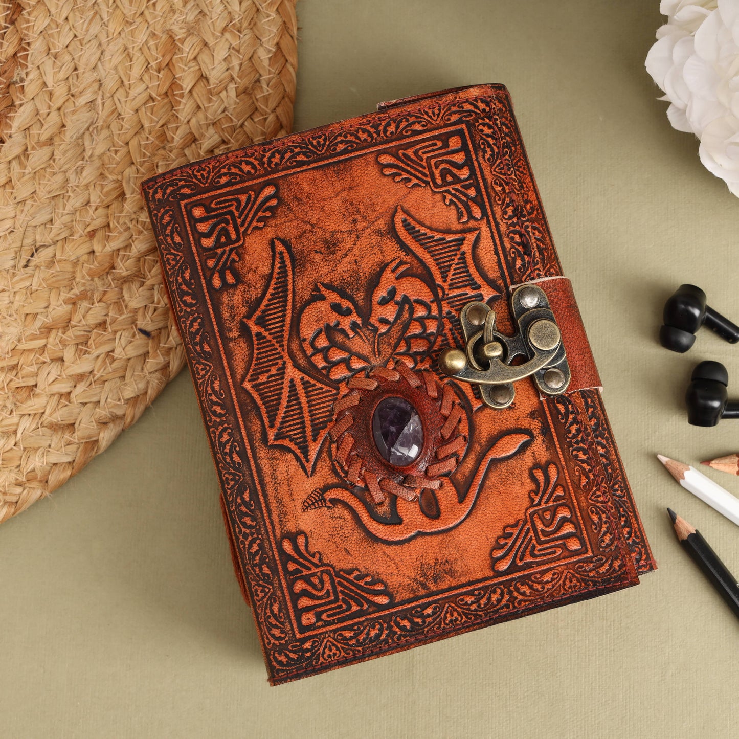 Leather Journal with Stone Dragon Embossed Travel Journal 