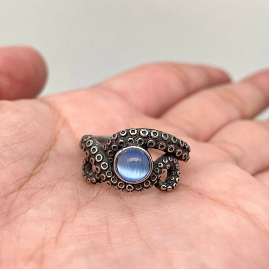 Blue Gemstone Octopus Tentacle Stainless Steel Ring - MR: 10