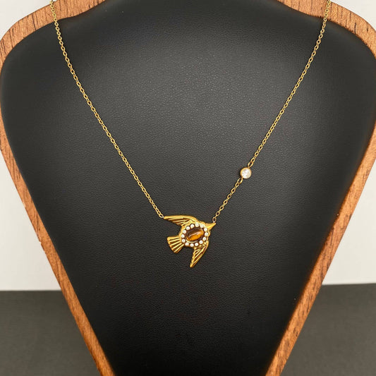 Stone Inlaid Bird 18K Gold Plated Charm Necklace -