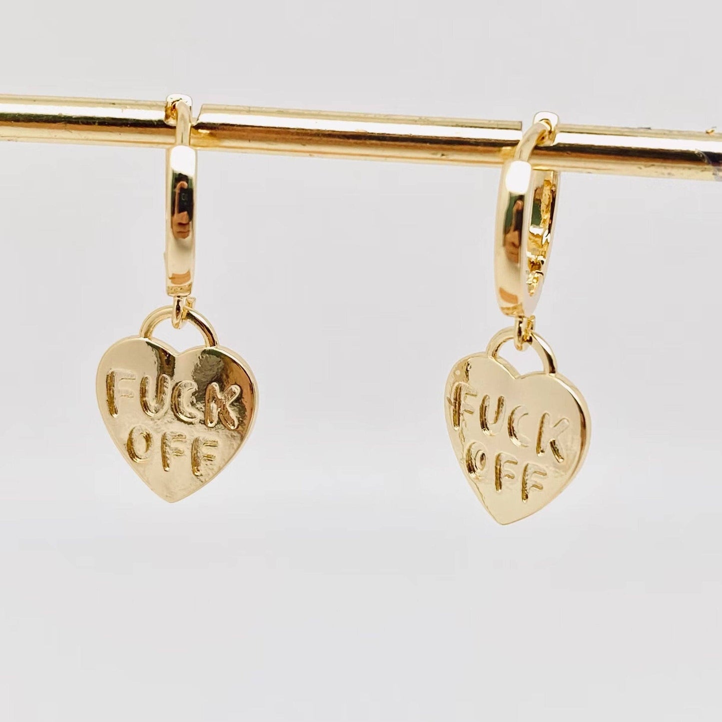 "Fuck off" Heart-shaped Gold Plated Huggie Earrings: Golden