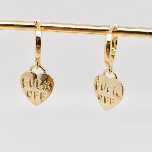 "Fuck off" Heart-shaped Gold Plated Huggie Earrings: Golden