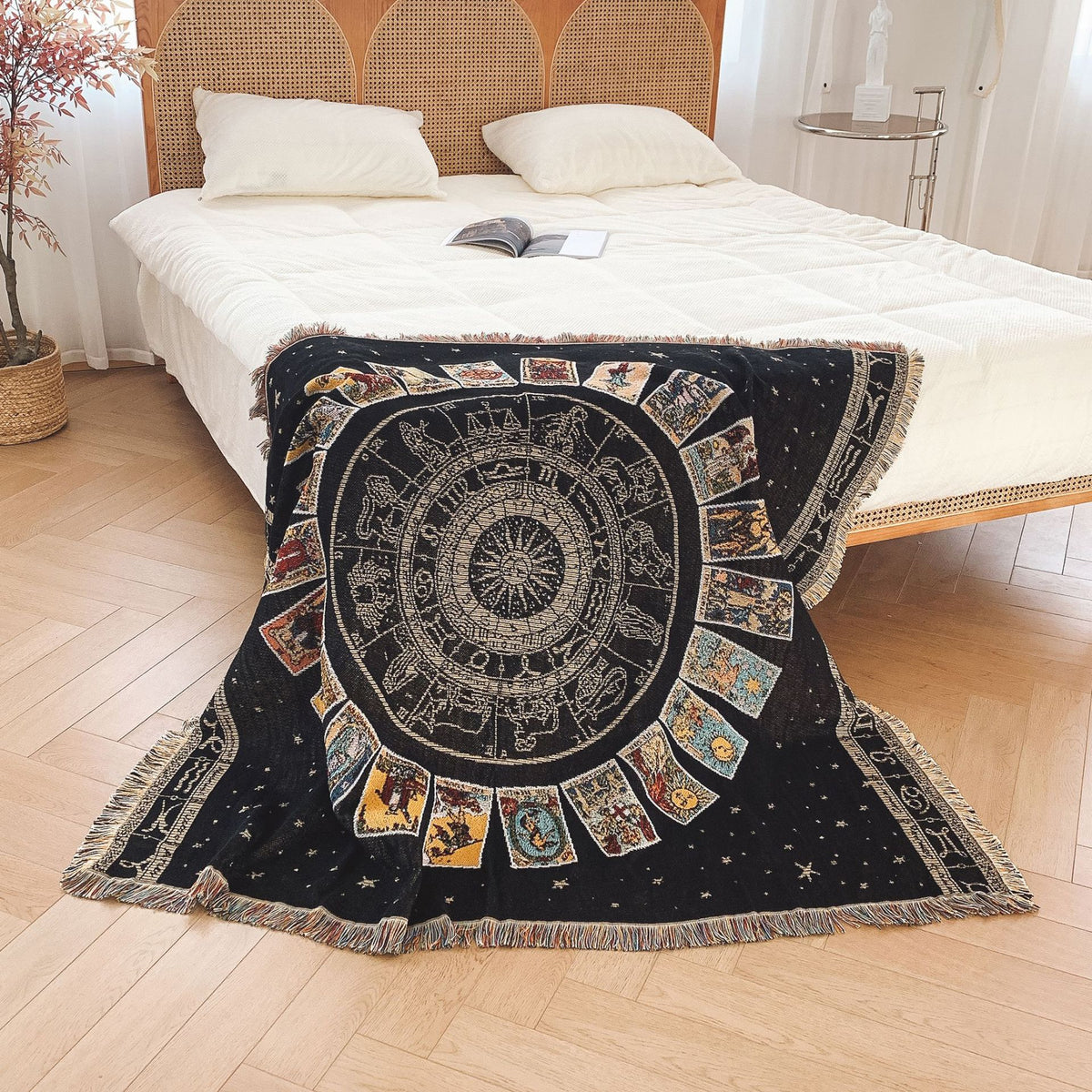 Bohemian Tarot Astrology Sun Zodiac Woven Cotton Blanket Throw With Tassels For Sofa Bed Camping Picnic Wall Hanging