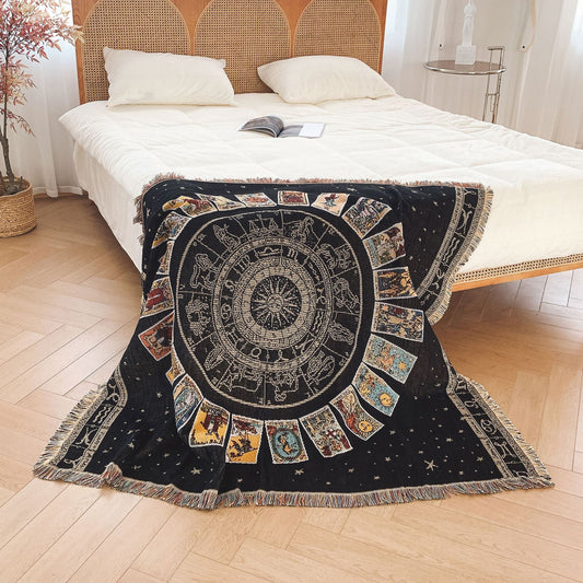 Bohemian Tarot Astrology Sun Zodiac Woven Cotton Blanket Throw With Tassels For Sofa Bed Camping Picnic Wall Hanging