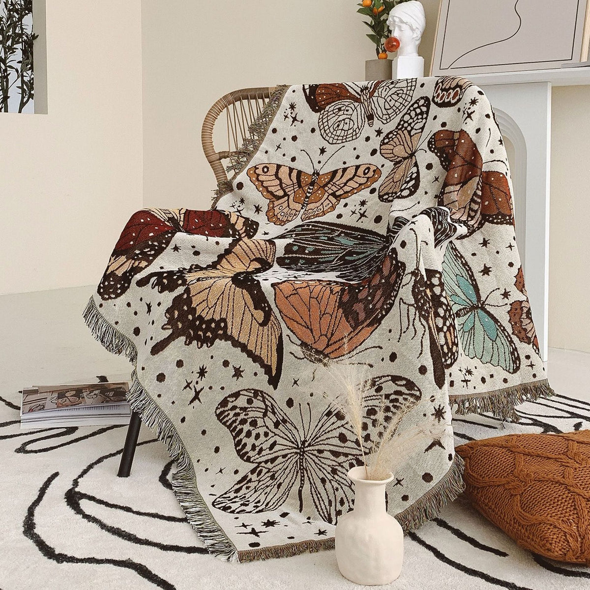 Butterfly Pattern Woven Throw Blanket Cotton Jacquard Bohemian Decorative Tapestry With Tassels For Sofa Bed Picnic