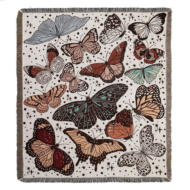 Butterfly Pattern Woven Throw Blanket Cotton Jacquard Bohemian Decorative Tapestry With Tassels For Sofa Bed Picnic