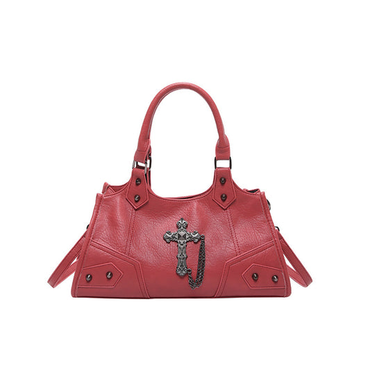 Gothic Cross Pendant Motorcycle Handbag PU Leather Rivet Punk Rock Shoulder Crossbody Bag For Women Retro Niche Underarm Bag